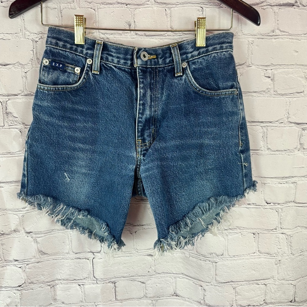 express bleus cut off denim jean shorts womens 3/4 R fray hem beach classic